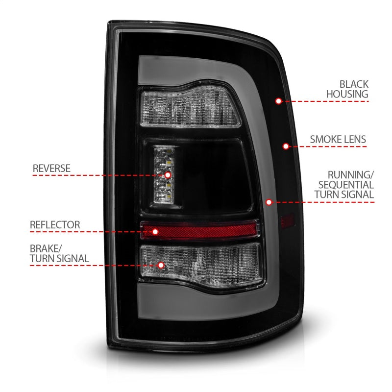 ANZO 09-18 Dodge Ram 1500 Sequential LED Taillights Smoke Black w/Switchback Amber Signal - Striker Modified