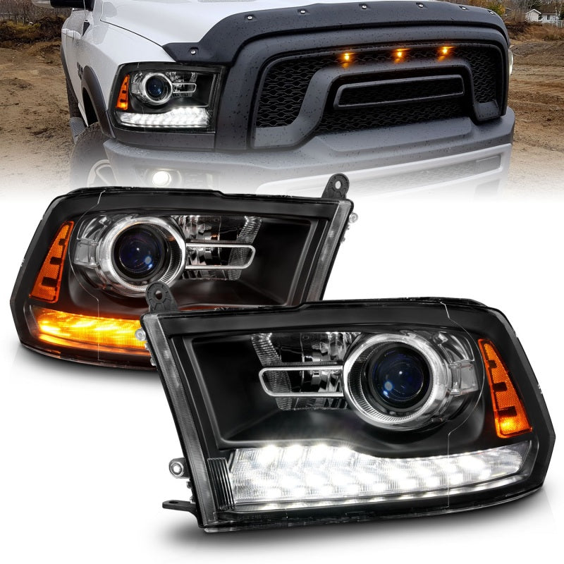 ANZO 09-18 Dodge Ram 1500/2500/3500 LED Plank Style Headlights Switchback + Sequential - Matte Black - Striker Modified