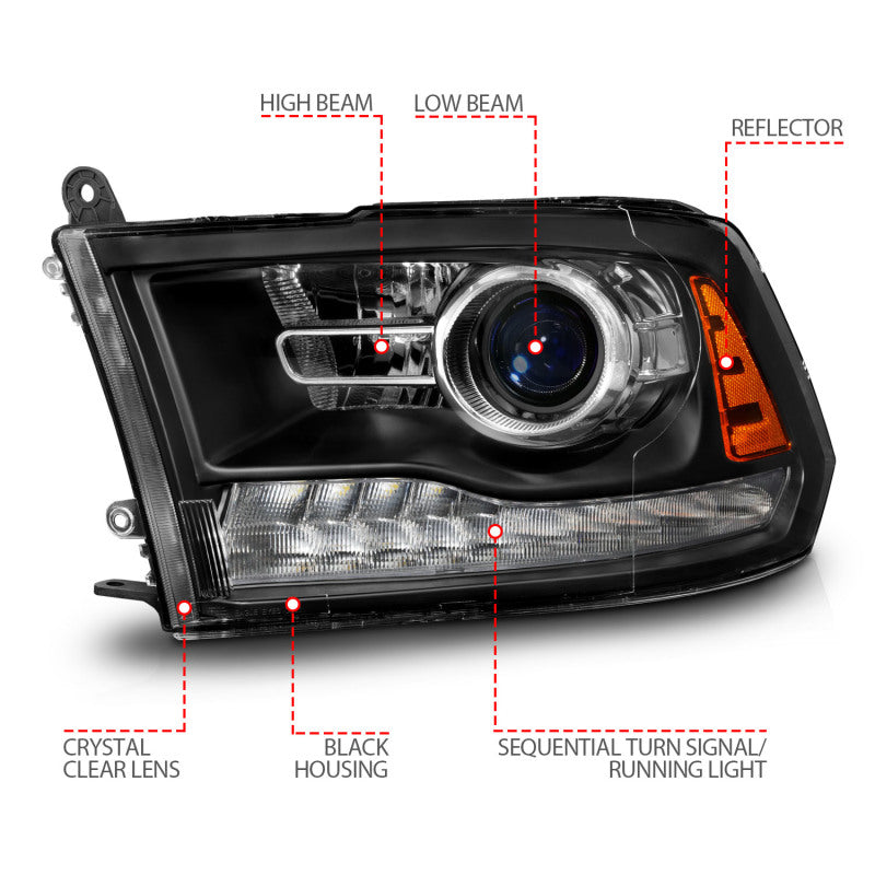 ANZO 09-18 Dodge Ram 1500/2500/3500 LED Plank Style Headlights Switchback + Sequential - Matte Black - Striker Modified