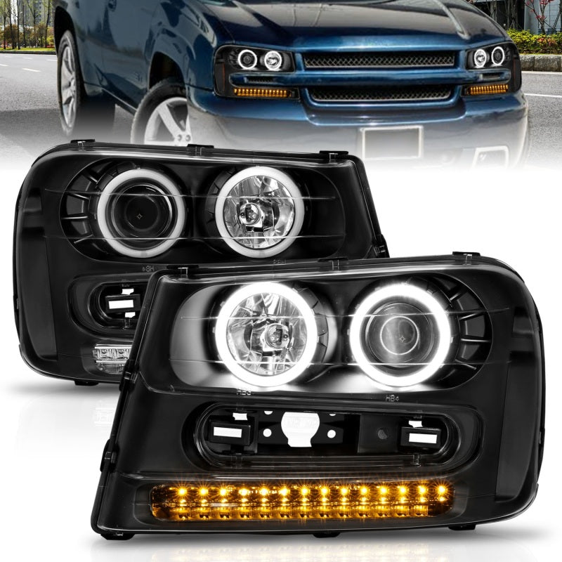 ANZO 2002-2009 Chevrolet Trailblazer Projector Headlights w/ Halo Black - Striker Modified