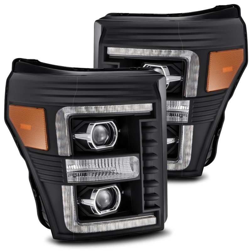 AlphaRex 11-16 Ford F-250 SD PRO-Series Projector Headlights Plank Style Design Black w/Seq Signal - Striker Modified