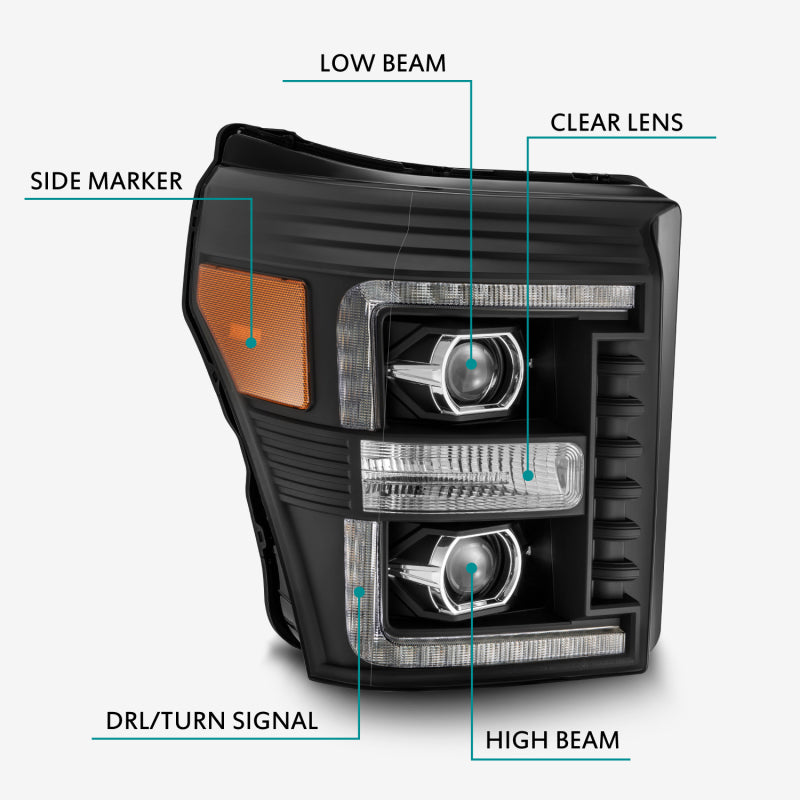 AlphaRex 11-16 Ford F-250 SD PRO-Series Projector Headlights Plank Style Design Black w/Seq Signal - Striker Modified