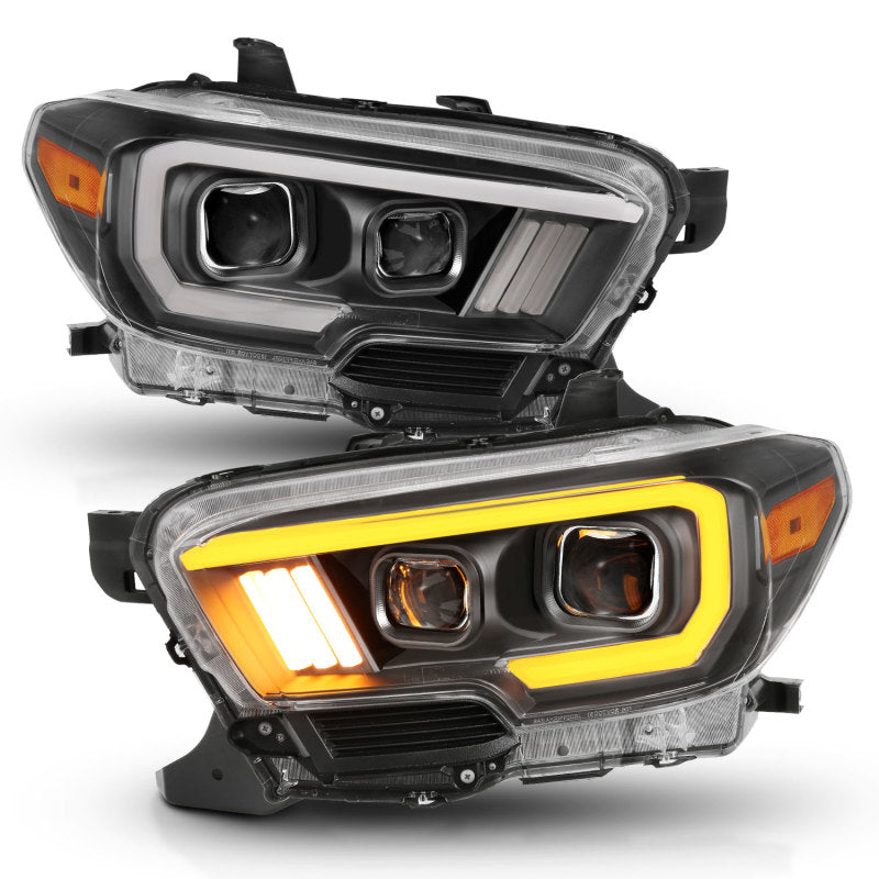 ANZO 2016-2017 Toyota Tacoma Projector Headlights w/ Plank Style Switchback Black w/ Amber w/ DRL - Striker Modified