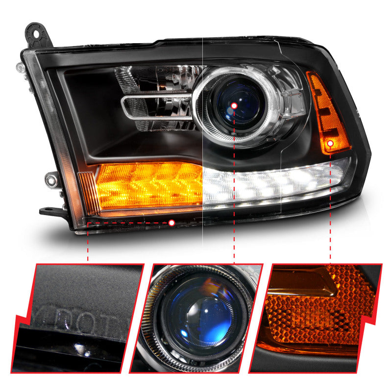 ANZO 09-18 Dodge Ram 1500/2500/3500 LED Plank Style Headlights Switchback + Sequential - Matte Black - Striker Modified