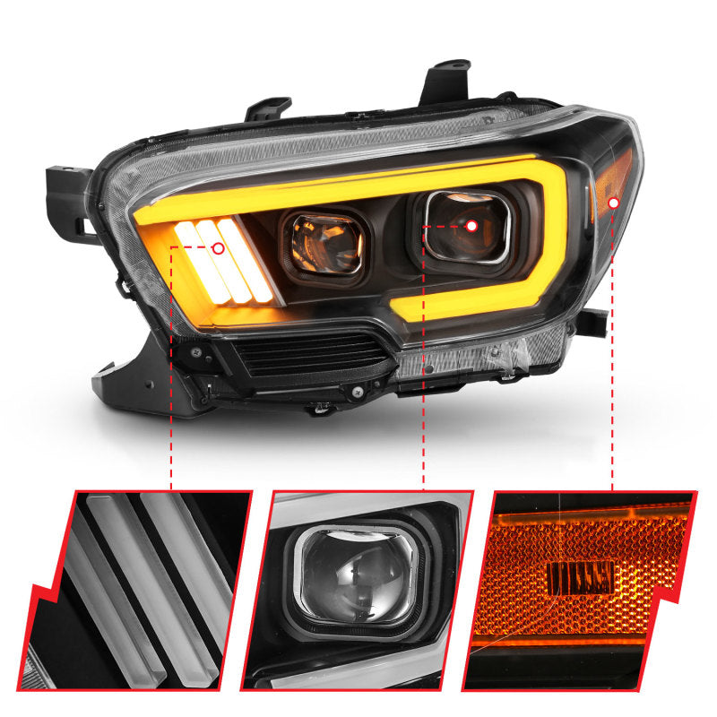 ANZO 2016-2017 Toyota Tacoma Projector Headlights w/ Plank Style Switchback Black w/ Amber w/ DRL - Striker Modified