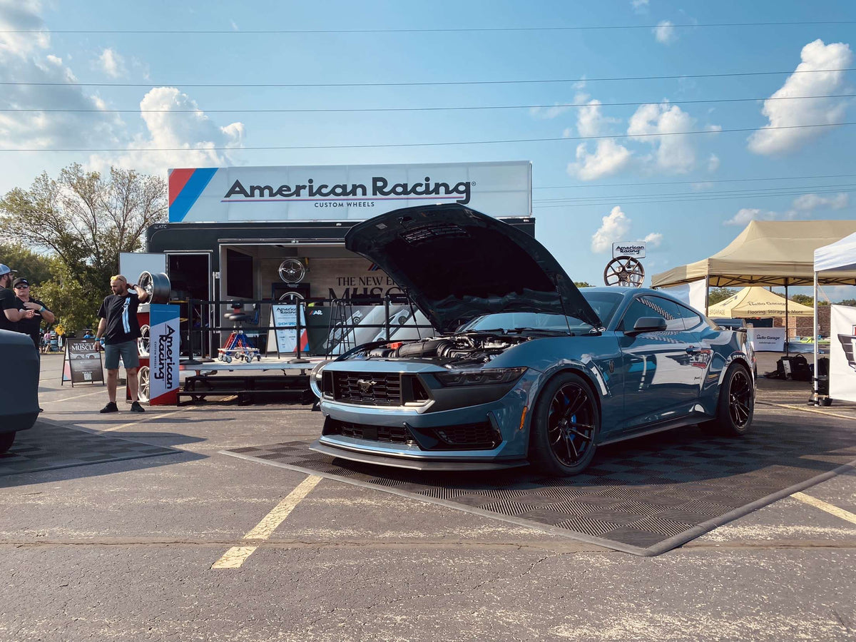 Blue Mustang Dark Horse with its hood open, from the Vertex Motorsports Customer Gallery