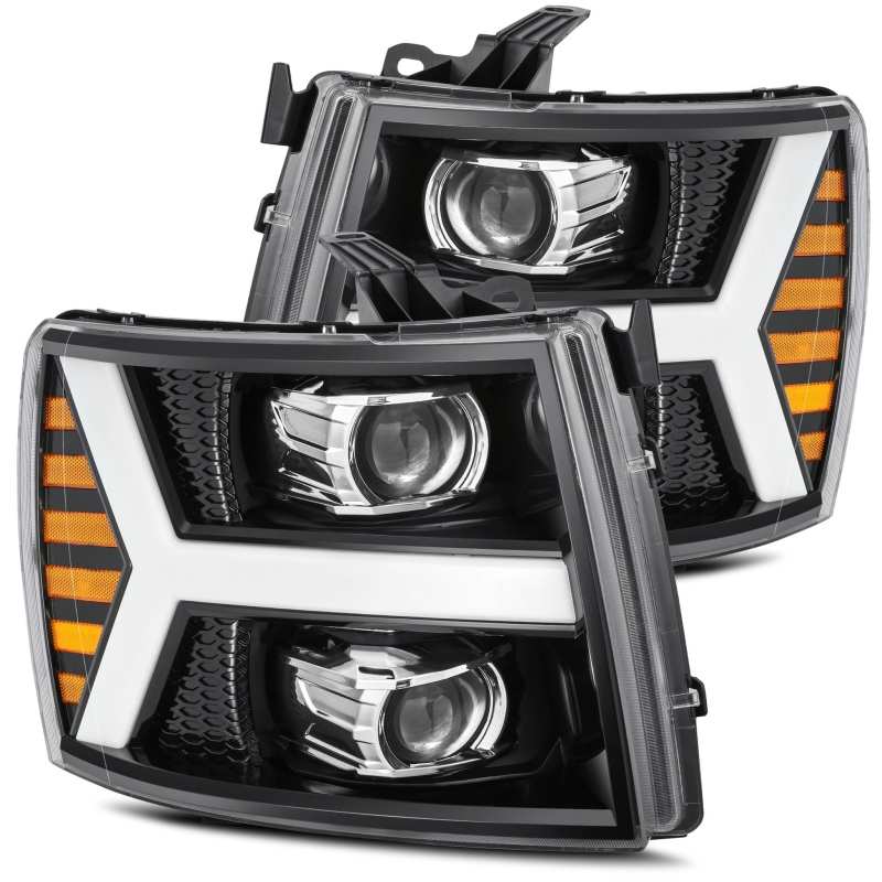 AlphaRex 07-13 Chevy 1500 LUXX LED Proj Headlights Plank Style Jet Blk w/ Activ Light/Seq Signal/DRL - Striker Modified