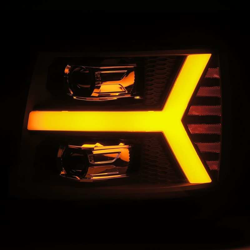 AlphaRex 07-13 Chevy 1500 LUXX LED Proj Headlights Plank Style Jet Blk w/ Activ Light/Seq Signal/DRL - Striker Modified