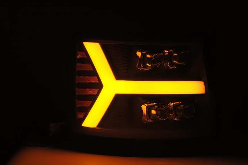 AlphaRex 07-13 Chevy 1500HD(NewBody) NOVA LED Proj Headlight Plank Sty Glos Blk w/Activ Lite/Seq Sig - Striker Modified
