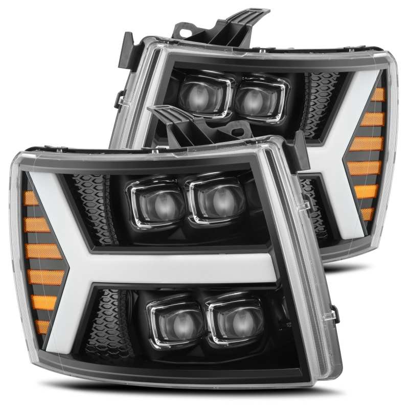 AlphaRex 07-13 Chevy 1500HD(NewBody) NOVA LED Proj Headlight Plank Sty Glos Blk w/Activ Lite/Seq Sig - Striker Modified