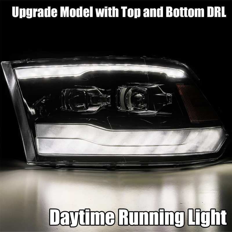 AlphaRex 09-18 Dodge Ram 1500HD LUXX LED Proj Headlights Plnk Style Blk w/Activ Light/Seq Signal/DRL - Striker Modified