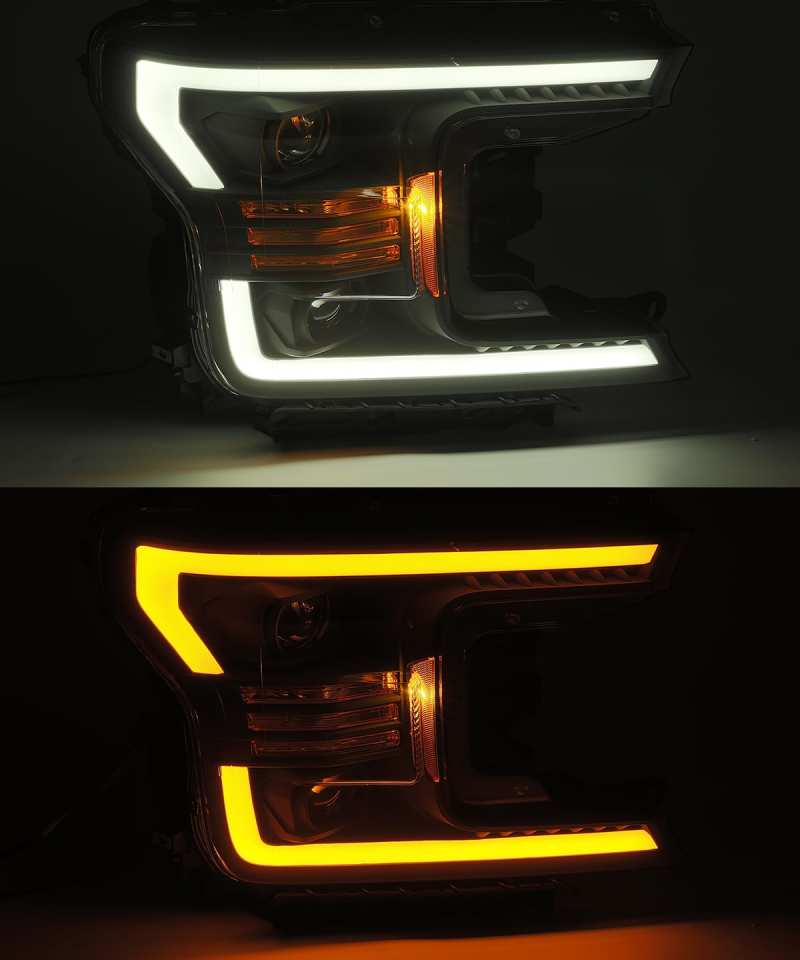 AlphaRex 18-19 Ford F-150 PRO-Series Proj Headlights Plank Style Gloss Blk w/Activ Light/Seq Signal - Striker Modified