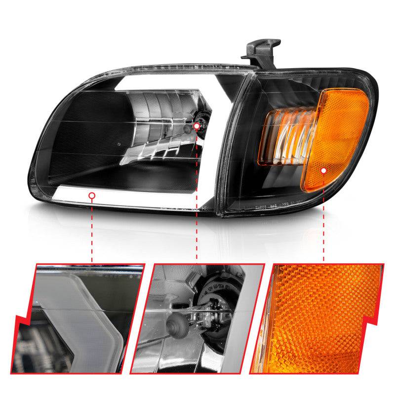 ANZO 00-04 Toyota Tundra (Fits Reg/Acc Cab Only) Crystal Headlights w/Light Bar Black w/Corner Light - Striker Modified