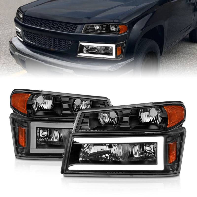 ANZO 04-12 GM Colorado/Canyon/I-Series Crystal Headlights - w/ Light Bar Black Housing 4pcs - Striker Modified