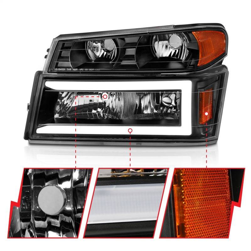 ANZO 04-12 GM Colorado/Canyon/I-Series Crystal Headlights - w/ Light Bar Black Housing 4pcs - Striker Modified