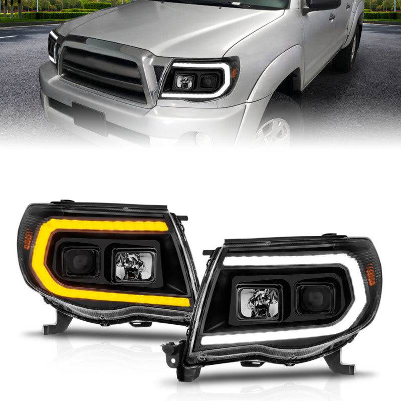 ANZO 05-11 Toyota Tacoma Projector Headlights w/Light Bar Switchback Black Housing - Striker Modified