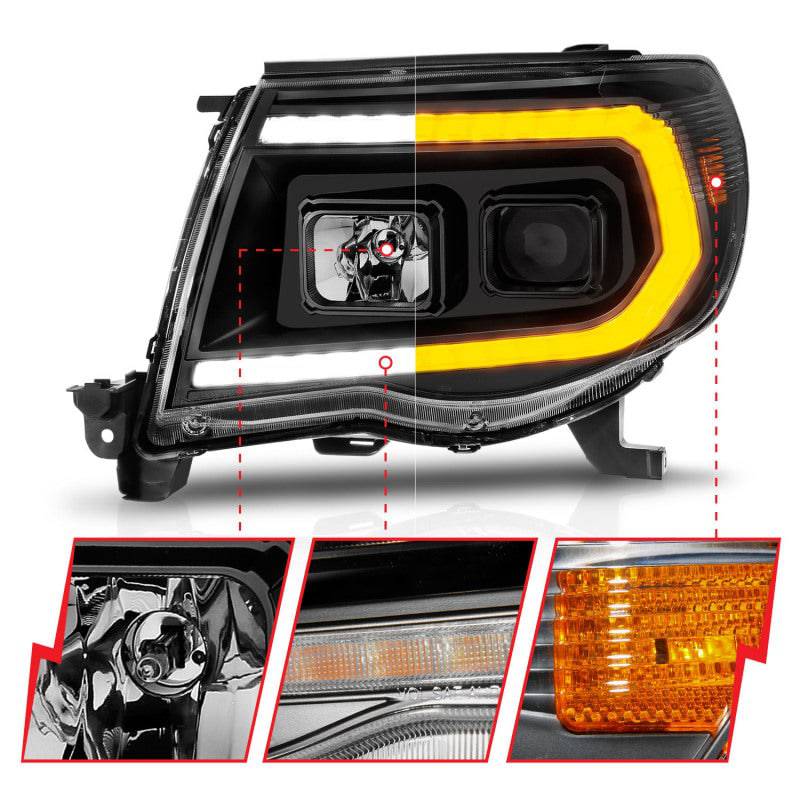 ANZO 05-11 Toyota Tacoma Projector Headlights w/Light Bar Switchback Black Housing - Striker Modified