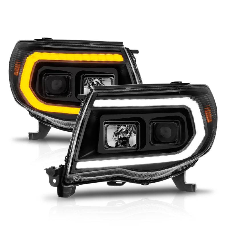 ANZO 05-11 Toyota Tacoma Projector Headlights w/Light Bar Switchback Black Housing - Striker Modified