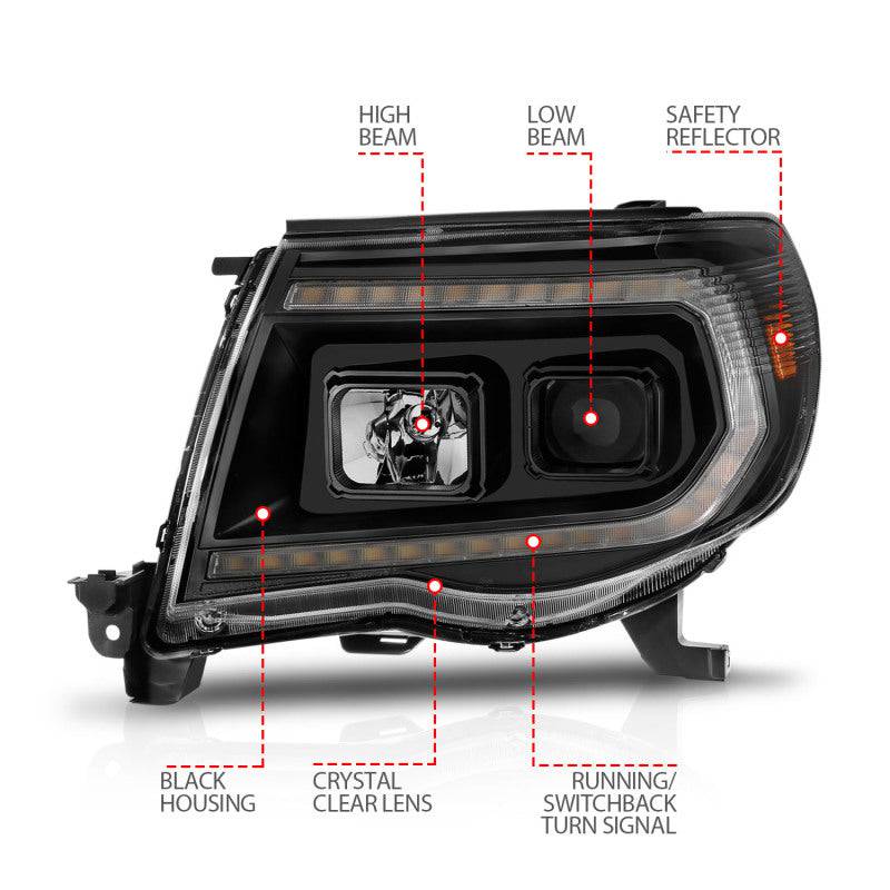 ANZO 05-11 Toyota Tacoma Projector Headlights w/Light Bar Switchback Black Housing - Striker Modified