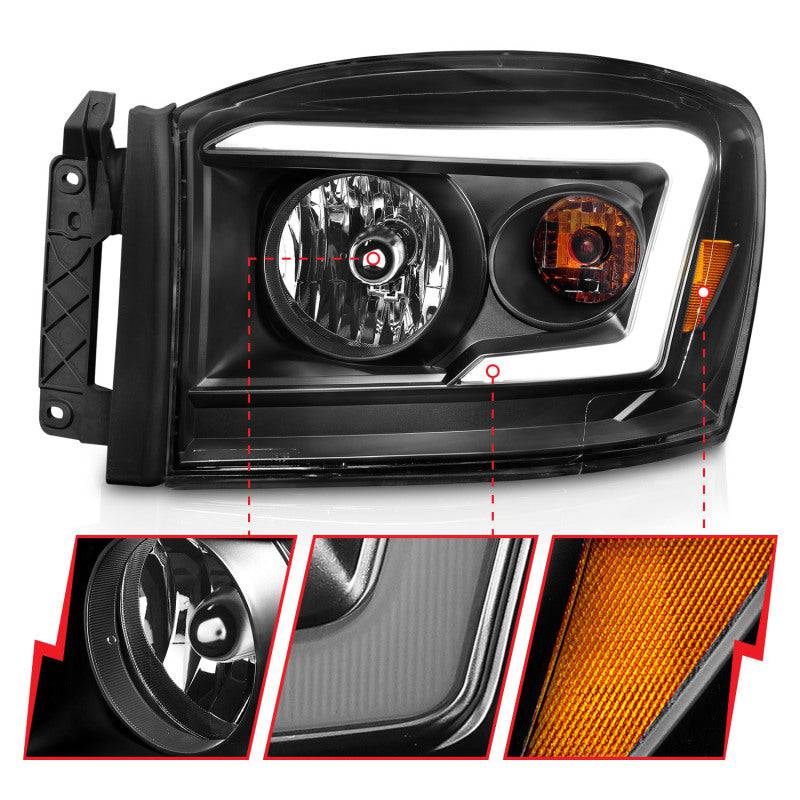 Anzo 06-09 Dodge RAM 1500/2500/3500 Headlights Black Housing/Clear Lens (w/ Light Bars) - Striker Modified