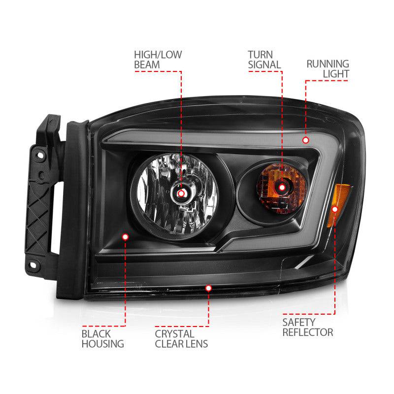 Anzo 06-09 Dodge RAM 1500/2500/3500 Headlights Black Housing/Clear Lens (w/ Light Bars) - Striker Modified