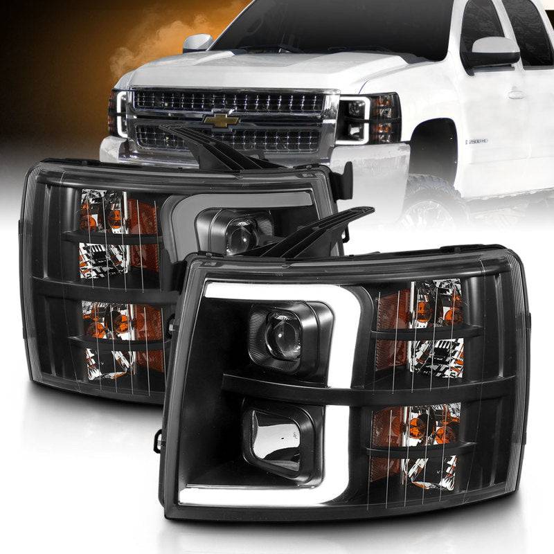 ANZO 07-13 Chevrolet Silverado 3500 Projector Headlights - Black Amber - Striker Modified