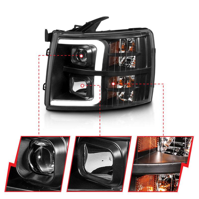 ANZO 07-13 Chevrolet Silverado 3500 Projector Headlights - Black Amber - Striker Modified