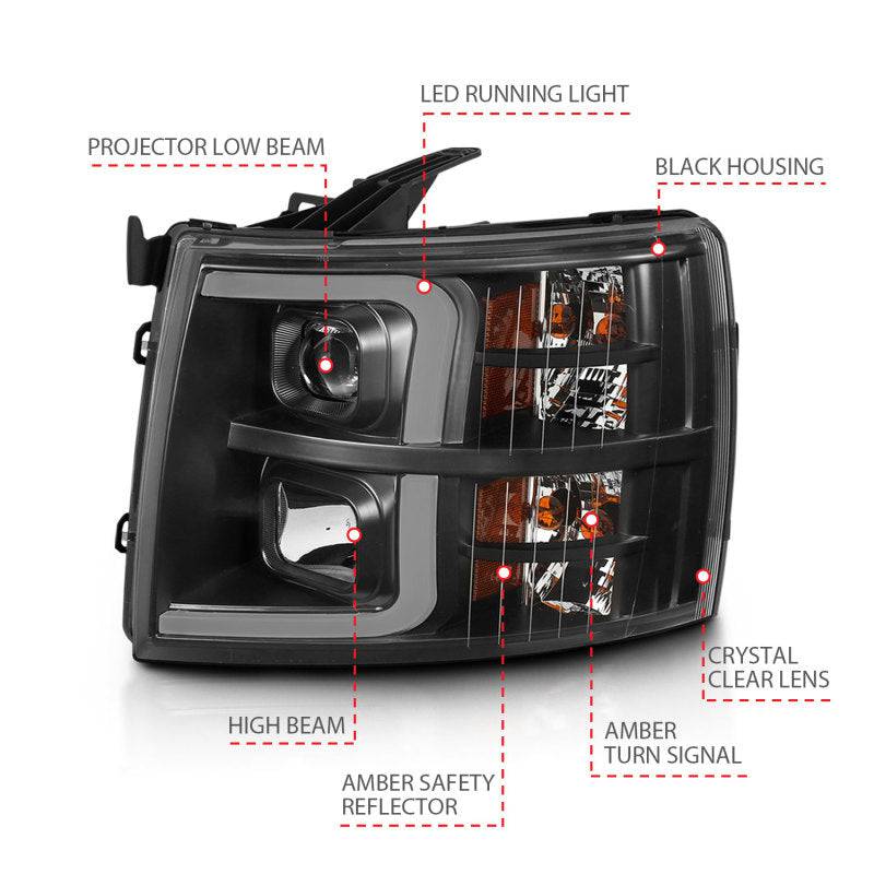 ANZO 07-13 Chevrolet Silverado 3500 Projector Headlights - Black Amber - Striker Modified