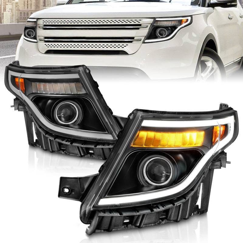 ANZO 11-15 Ford Explorer (w/Factory Halogen HL Only) Projector Headlights w/Light Bar Black Housing - Striker Modified
