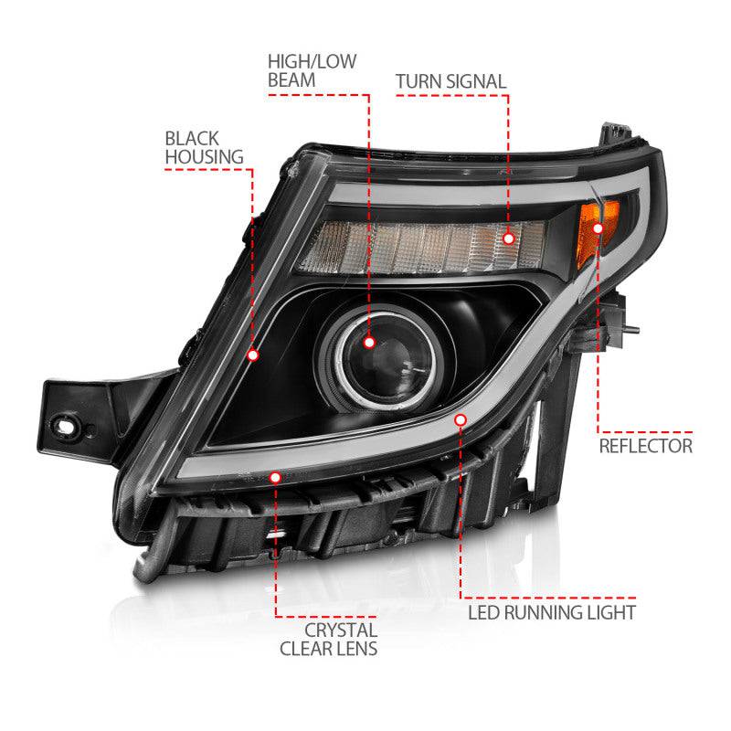 ANZO 11-15 Ford Explorer (w/Factory Halogen HL Only) Projector Headlights w/Light Bar Black Housing - Striker Modified