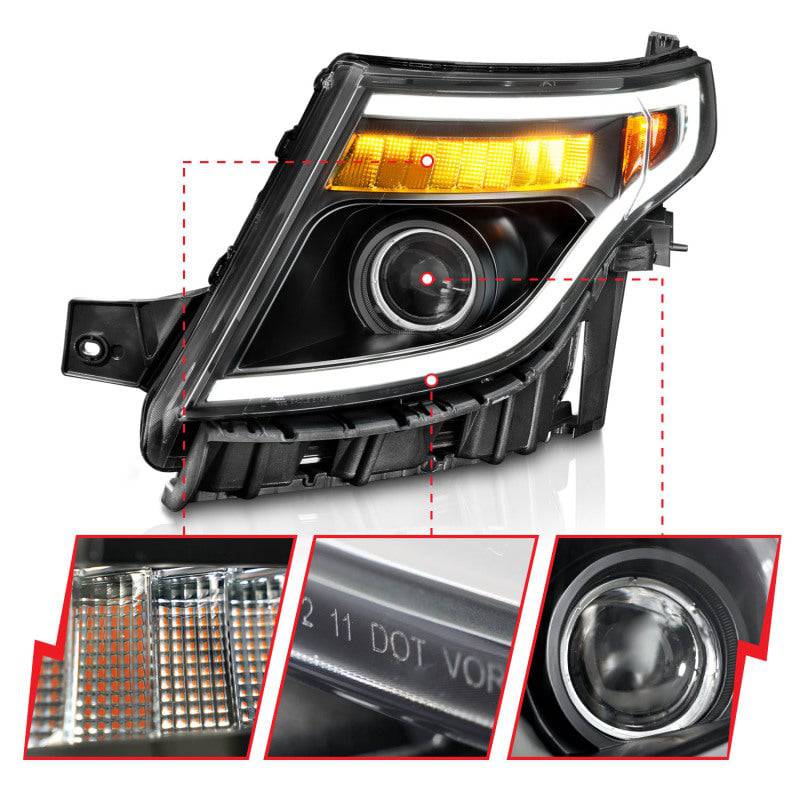 ANZO 11-15 Ford Explorer (w/Factory Halogen HL Only) Projector Headlights w/Light Bar Black Housing - Striker Modified