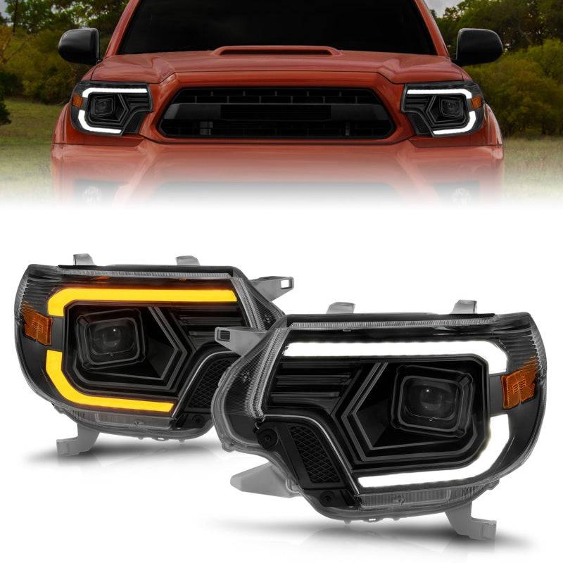 ANZO 12-15 Toyota Tacoma Projector Headlights - w/ Light Bar Switchback Black Housing - Striker Modified