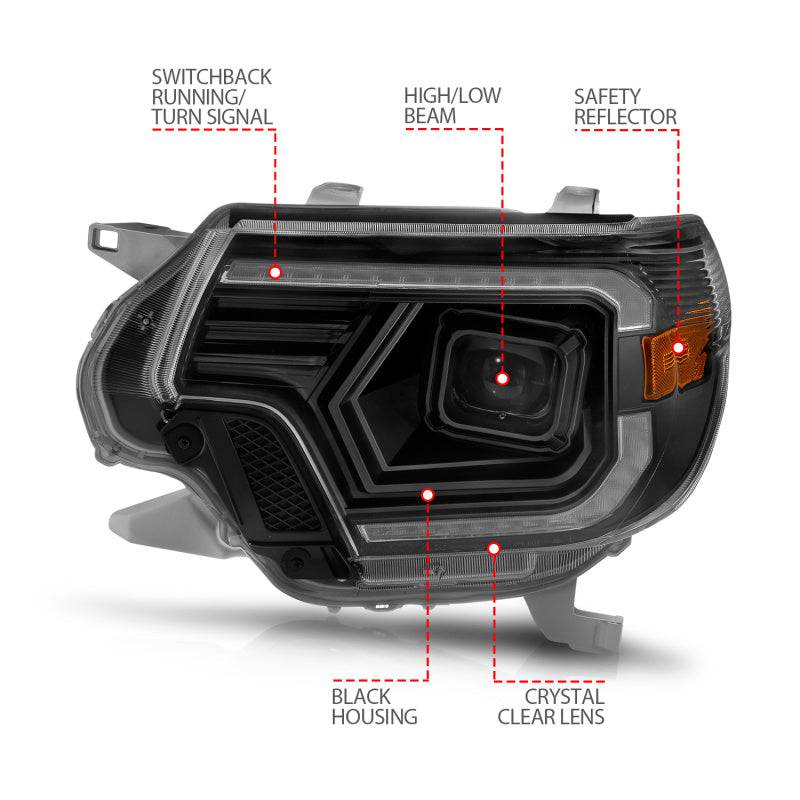 ANZO 12-15 Toyota Tacoma Projector Headlights - w/ Light Bar Switchback Black Housing - Striker Modified