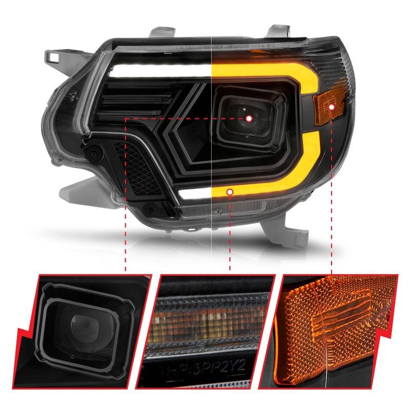 ANZO 12-15 Toyota Tacoma Projector Headlights - w/ Light Bar Switchback Black Housing - Striker Modified