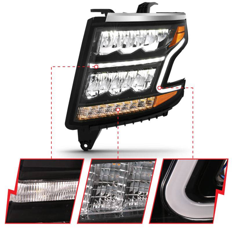 ANZO 15-20 Chevy Tahoe/Suburban LED Light Bar Style Headlights Black w/Sequential w/DRL w/Amber - Striker Modified