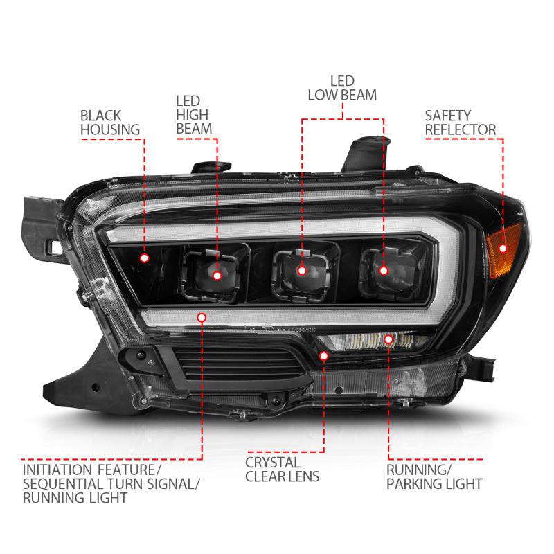 ANZO 16-22 Toyota Tacoma SR/SR5 ONLY Full LED Proj Headlights w/Light Bar Seq. Blk w/Initiation Lgt - Striker Modified