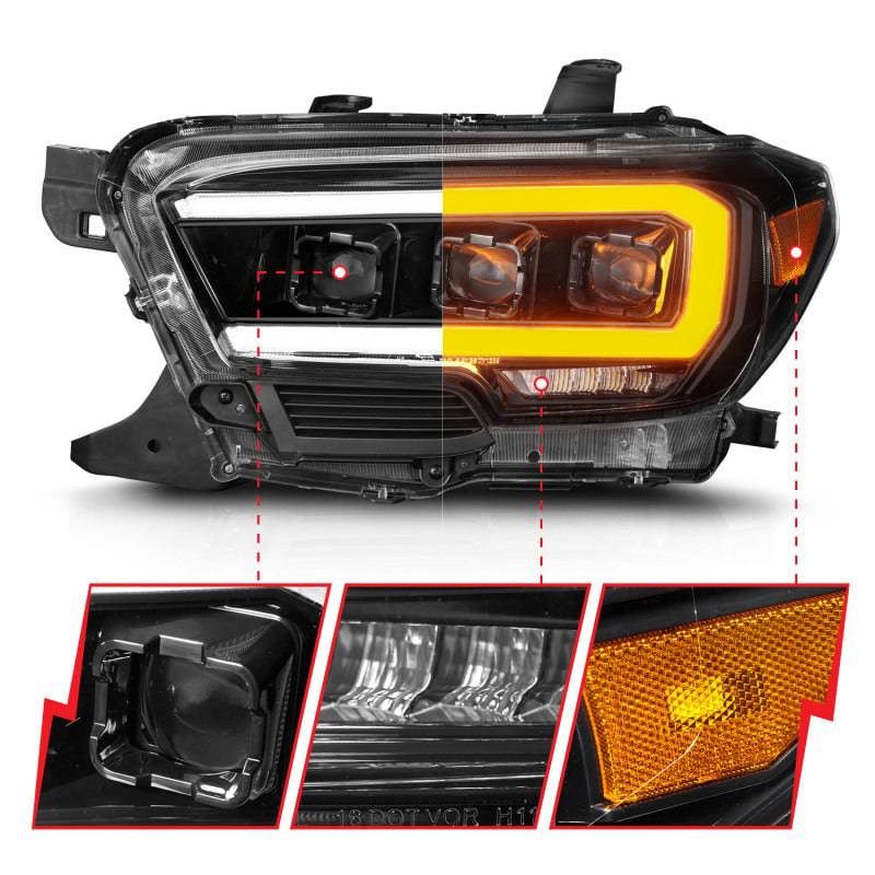 ANZO 16-22 Toyota Tacoma SR/SR5 ONLY Full LED Proj Headlights w/Light Bar Seq. Blk w/Initiation Lgt - Striker Modified