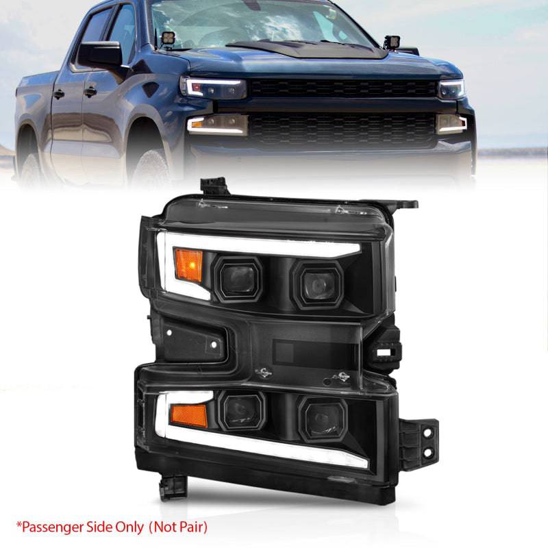 ANZO 19-22 Chevrolet Silverado 1500 LED Proj HL w/Lgt Bar SwBk Seq. Blk w/In. Light - Passenger Side - Striker Modified