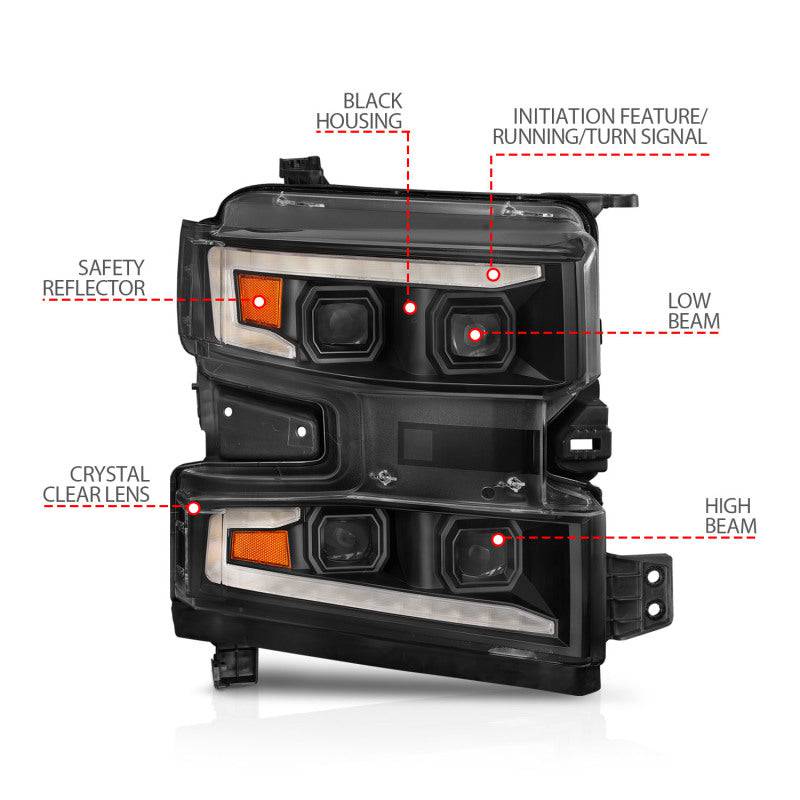 ANZO 19-22 Chevrolet Silverado 1500 LED Proj HL w/Lgt Bar SwBk Seq. Blk w/In. Light - Passenger Side - Striker Modified