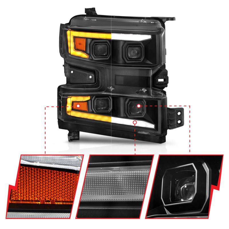 ANZO 19-22 Chevrolet Silverado 1500 LED Proj HL w/Lgt Bar SwBk Seq. Blk w/In. Light - Passenger Side - Striker Modified