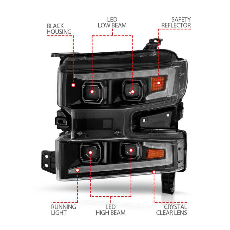ANZO 19-22 Chevrolet Silverado 1500 LED Proj HL w/Lgt Bar SwBk Seq. Blk w/In. Light - Passenger Side - Striker Modified