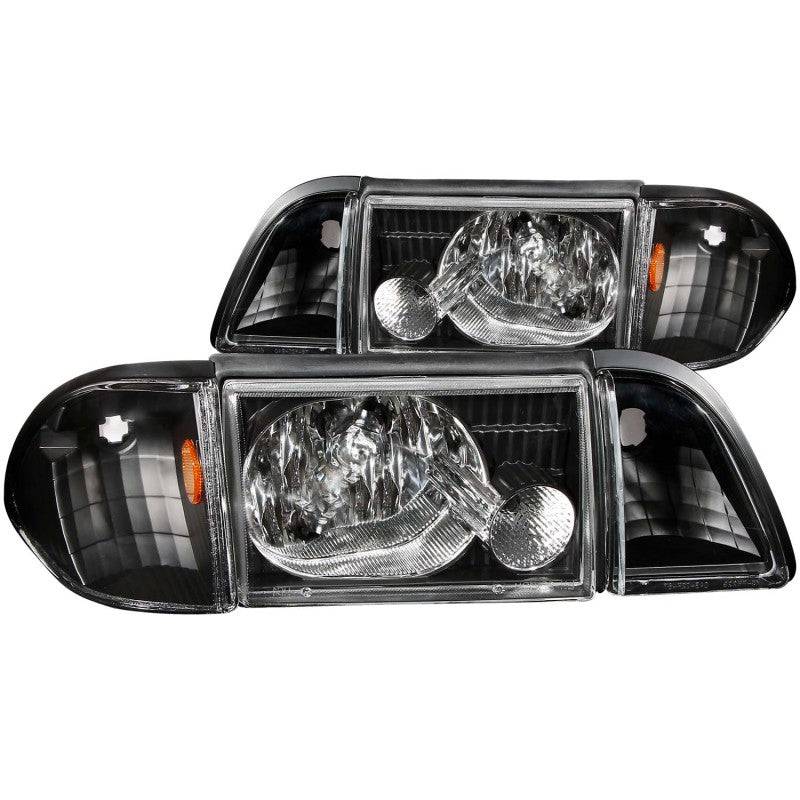 ANZO 1987-1993 Ford Mustang Crystal Headlights Black w/ Corner Lights 3pc - Striker Modified