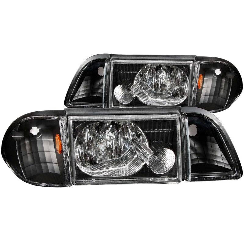 ANZO 1987-1993 Ford Mustang Crystal Headlights Black w/ Corner Lights 3pc - Striker Modified