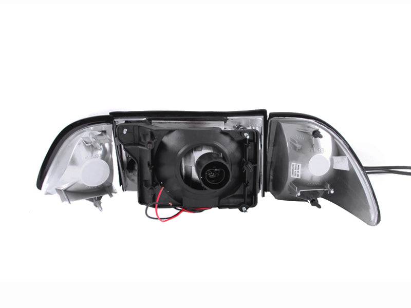 ANZO 1987-1993 Ford Mustang Crystal Headlights Black w/ Corner Lights 3pc - Striker Modified