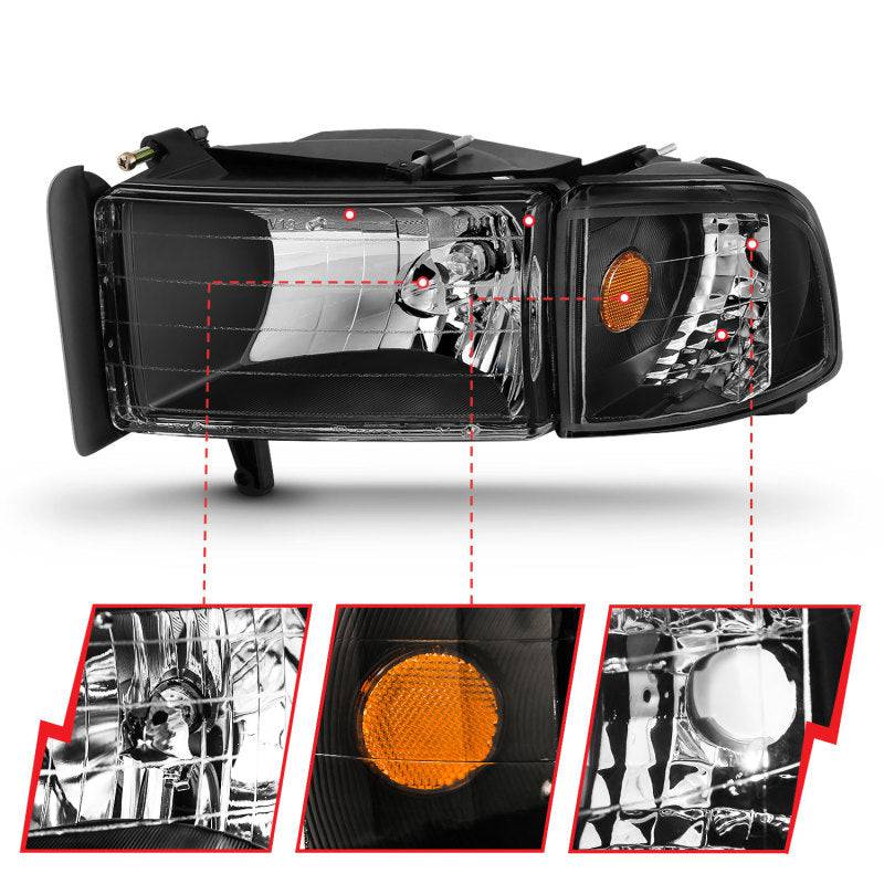 ANZO 1994-2001 Dodge Ram Crystal Headlights Black - Striker Modified