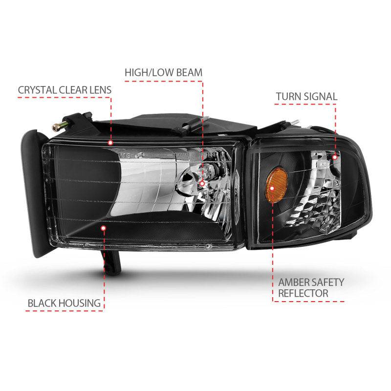 ANZO 1994-2001 Dodge Ram Crystal Headlights Black - Striker Modified