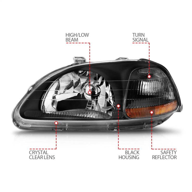 ANZO 1996-1998 Honda Civic Crystal Headlights Black - Striker Modified