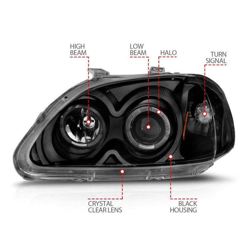 ANZO 1996-1998 Honda Civic Projector Headlights w/ Halo Black - Striker Modified