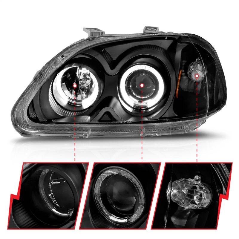 ANZO 1996-1998 Honda Civic Projector Headlights w/ Halo Black - Striker Modified