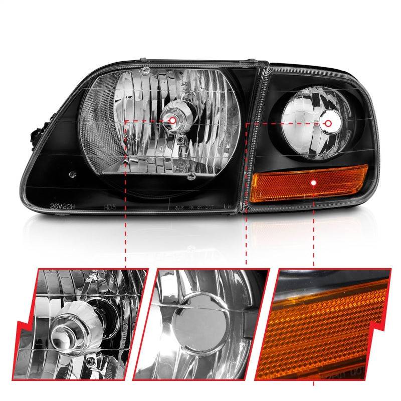 ANZO 1997-2003 Ford F150 Crystal Headlight Black w/ Parking Light - Striker Modified